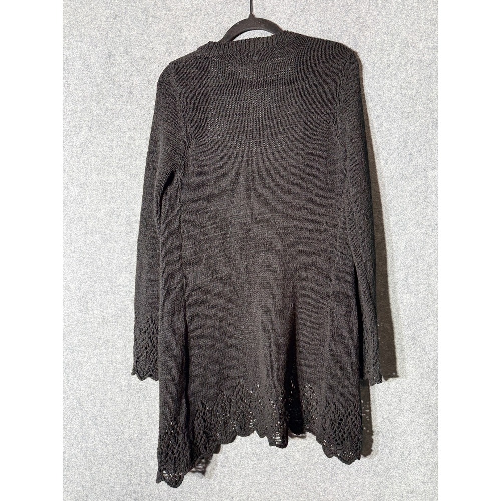 BCBGMAXAZRIA Black Longline Cardigan Pointelle Lace Knit Button Front Women L - Picture 7 of 8